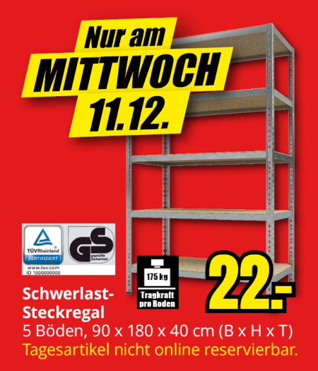 Nur am Mittwoch 11.12. Schwerlast-Steckregal für 22€