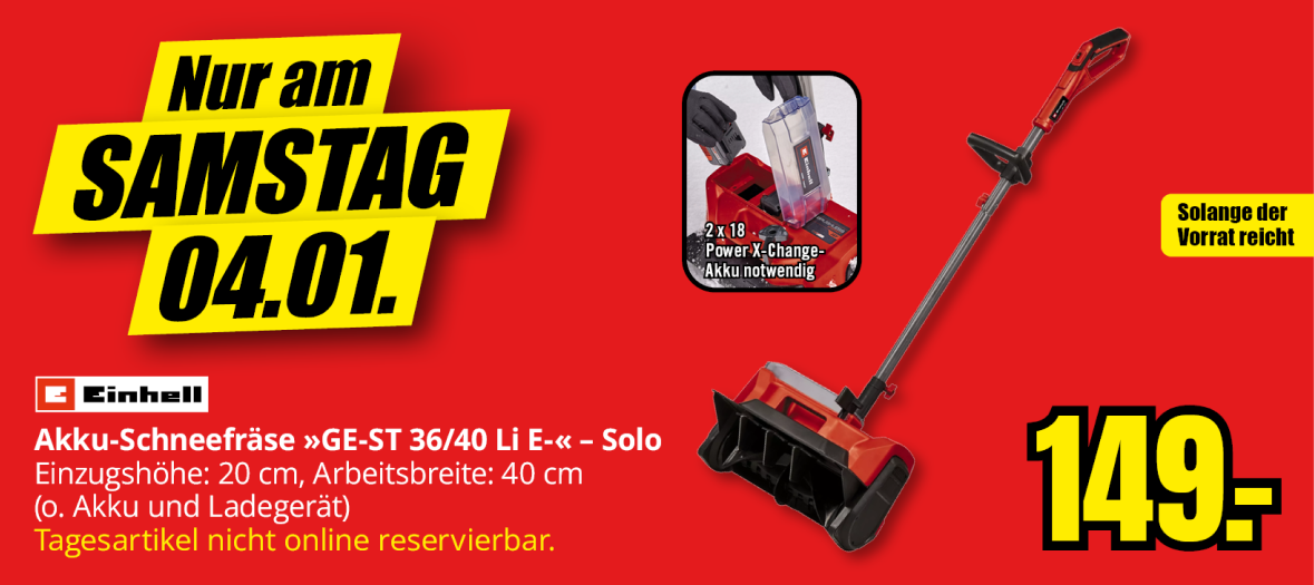 Slider. Nur am Samstag 04.01.2025. Einhell Akku Schneefräser 149€