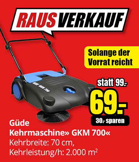 Güde Kehrmaschine GKM 700 im Räumungsverkauf – jetzt nur 69 € statt 99 €, solange der Vorrat reicht! RAUSVERKAUF. Solange der Vorrat reicht. Räumungsverkauf bei B1 Discount Baumarkt – Güde Kehrmaschine GKM 700 mit 70 cm Kehrbreite und 2.000 m² Leistung pro Stunde jetzt für 69 Euro statt 99 Euro, solange der Vorrat reicht.