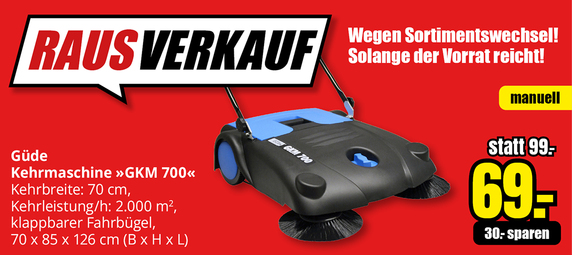 Güde Kehrmaschine GKM 700 im Räumungsverkauf – jetzt nur 69 € statt 99 €, solange der Vorrat reicht! RAUSVERKAUF. Solange der Vorrat reicht. Räumungsverkauf bei B1 Discount Baumarkt – Güde Kehrmaschine GKM 700 mit 70 cm Kehrbreite und 2.000 m² Leistung pro Stunde jetzt für 69 Euro statt 99 Euro, solange der Vorrat reicht.