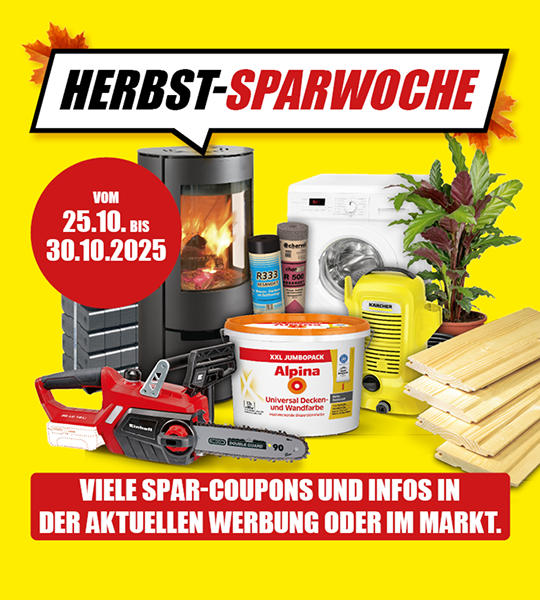 Herbst-Sparwoche bei toom Baumarkt – vom 25. bis 30. Oktober 2025 mit vielen Spar-Coupons und Angeboten für Heimwerker und Gartenfreunde. Werbung zur Herbst-Sparwoche bei toom Baumarkt vom 25.10. bis 30.10.2025 mit Sonderangeboten auf Kaminöfen, Waschmaschinen, Werkzeug, Farben, Pflanzen und Baumaterialien.
