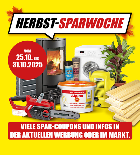 Herbst-Sparwoche bei toom Baumarkt – vom 25. bis 31. Oktober 2025 mit vielen Spar-Coupons und Angeboten für Heimwerker und Gartenfreunde. Werbung zur Herbst-Sparwoche bei toom Baumarkt vom 25.10. bis 31.10.2025 mit Sonderangeboten auf Kaminöfen, Waschmaschinen, Werkzeug, Farben, Pflanzen und Baumaterialien.